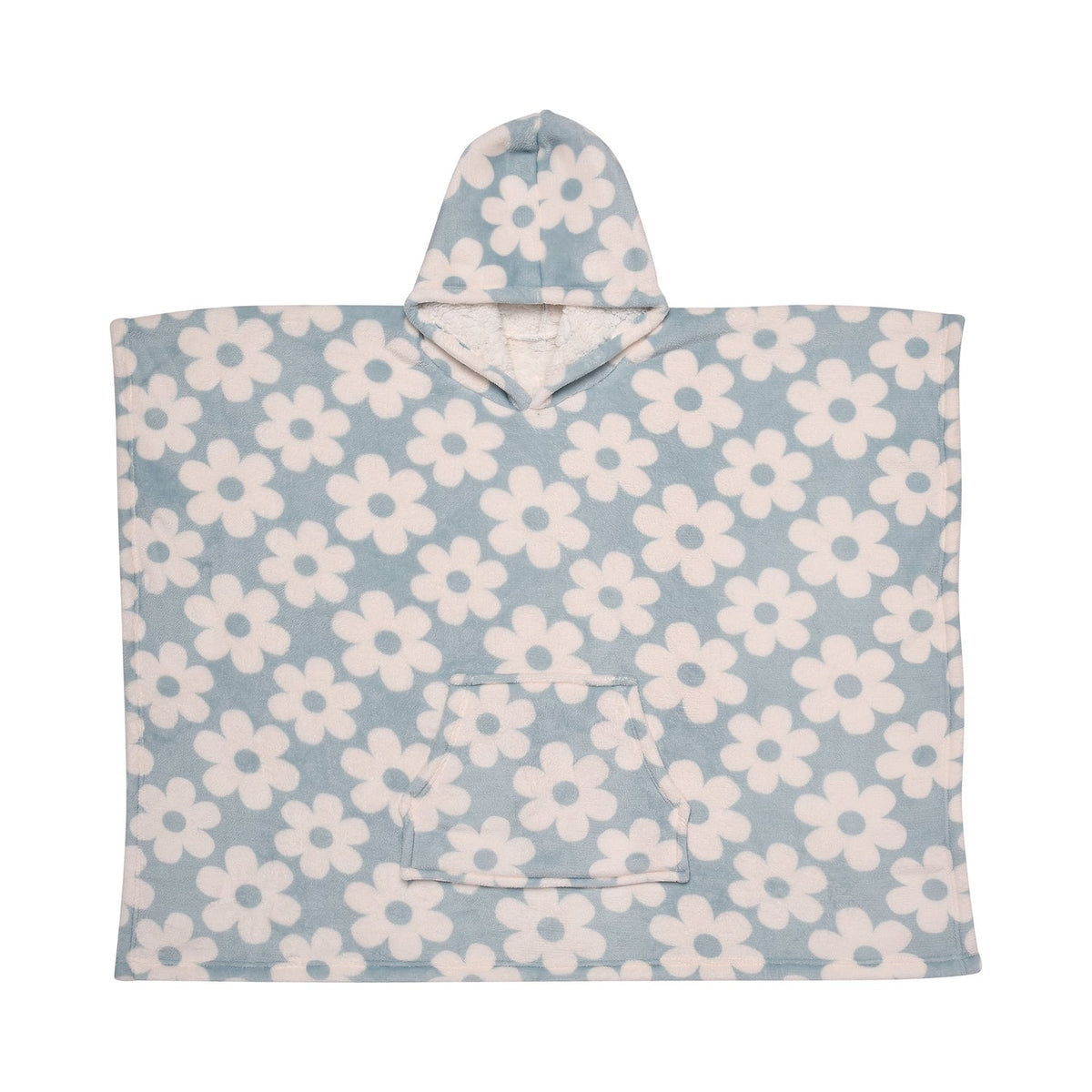 Retro Flower Sherpa Fleece Cosy Kids Poncho Throw - Retro Flower Poncho In Duck Egg 75 X 92.5Cm 2