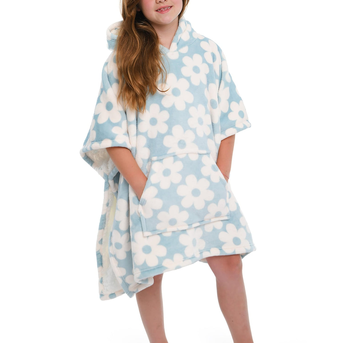 Retro Flower Sherpa Fleece Cosy Kids Poncho Throw - Retro Flower Poncho In Duck Egg 75 X 92.5Cm 3