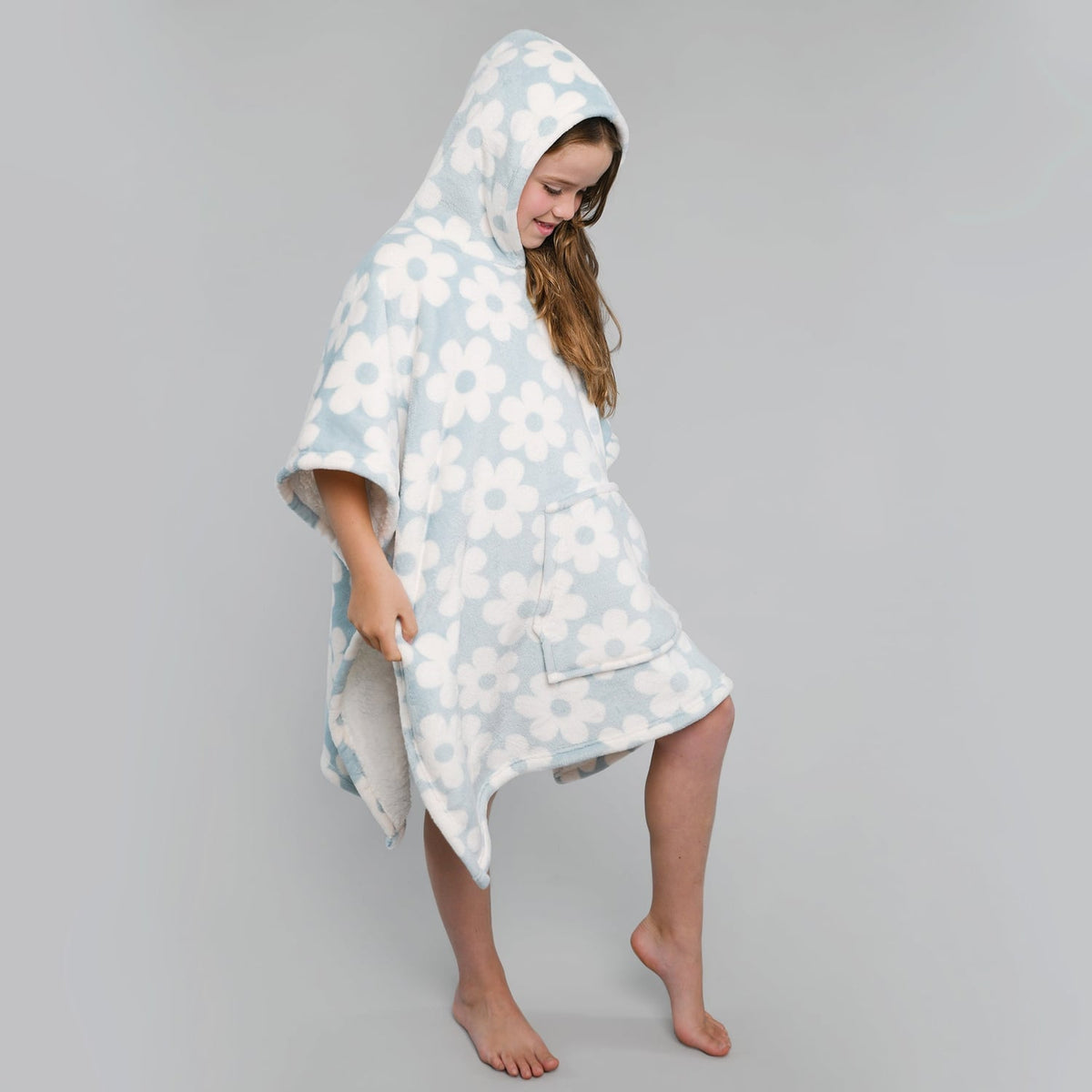 Retro Flower Sherpa Fleece Cosy Kids Poncho Throw - Retro Flower Poncho In Duck Egg 75 X 92.5Cm 4