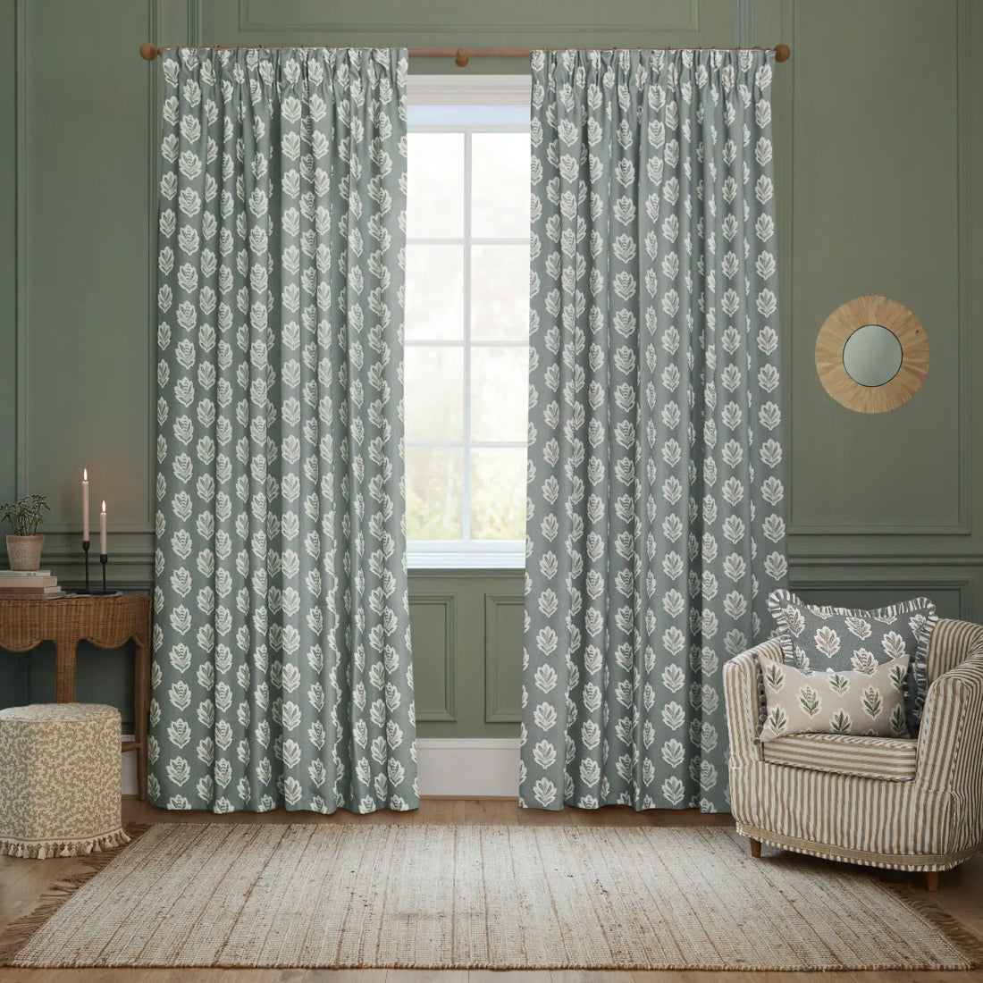 Sessile Leaf Delph Blue Pencil Pleat Curtains