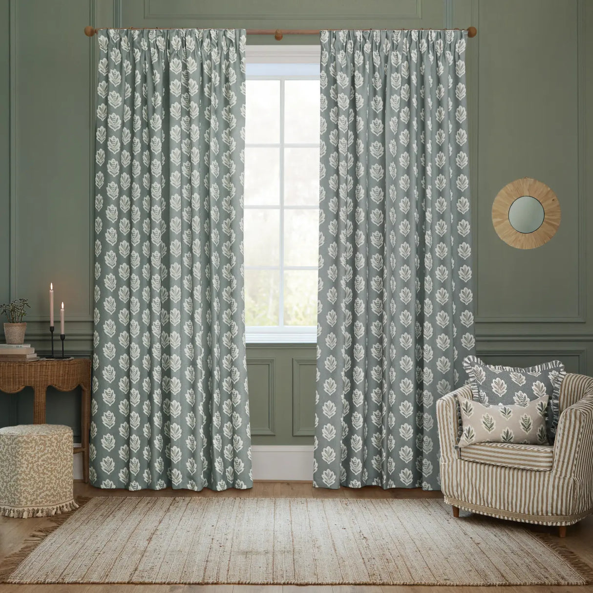 Sessile Leaf Tape Top Pencil Pleat Curtains - Delph Blue