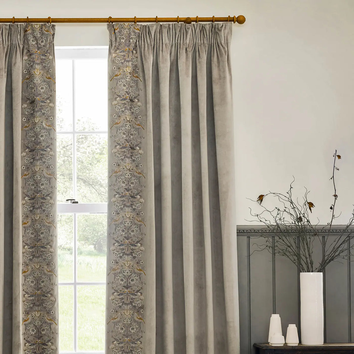 Strawberry Thief Embroidery Tape Top Pencil Pleat Curtains by Morris & Co