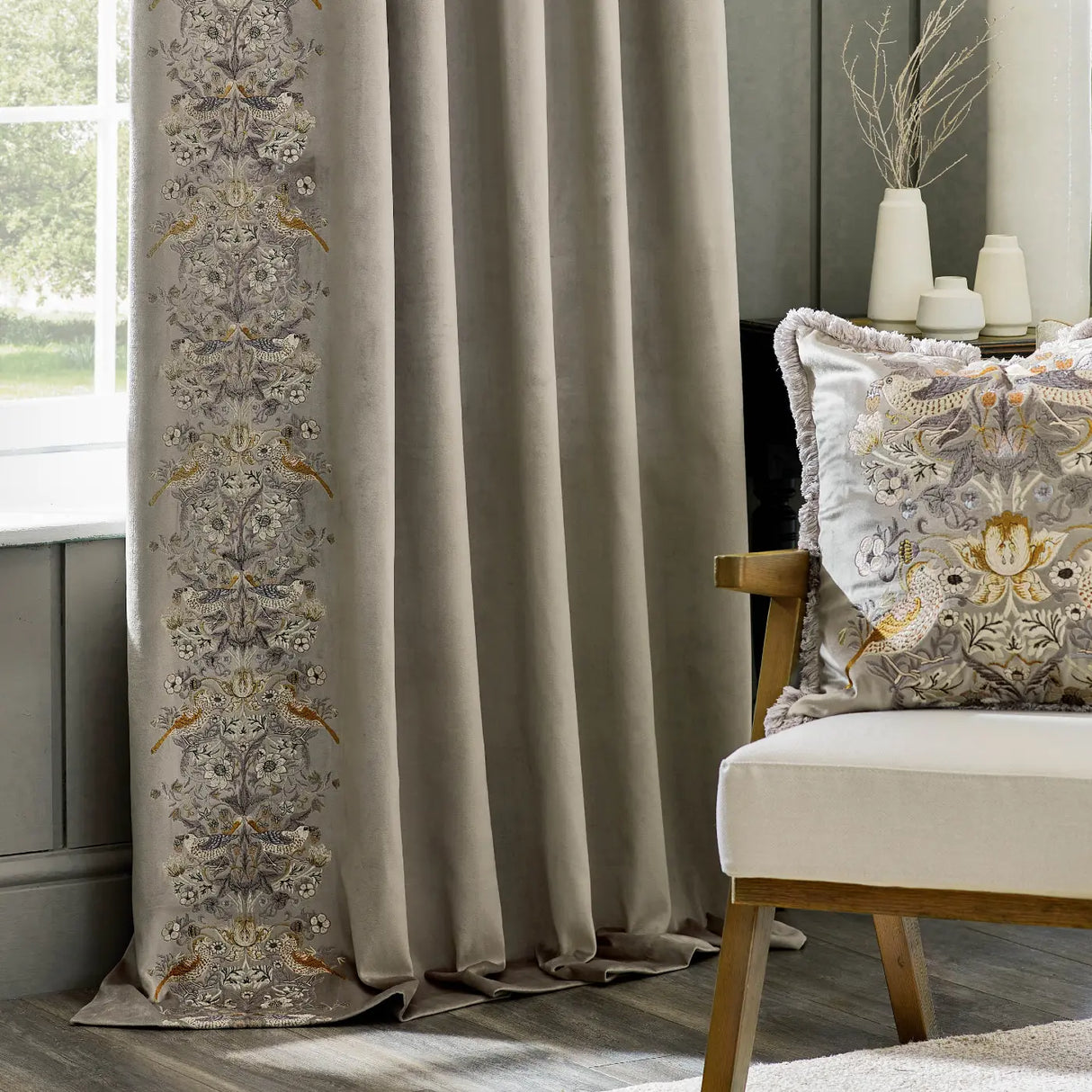 Strawberry Thief Embroidery Tape Top Pencil Pleat Curtains by Morris & Co