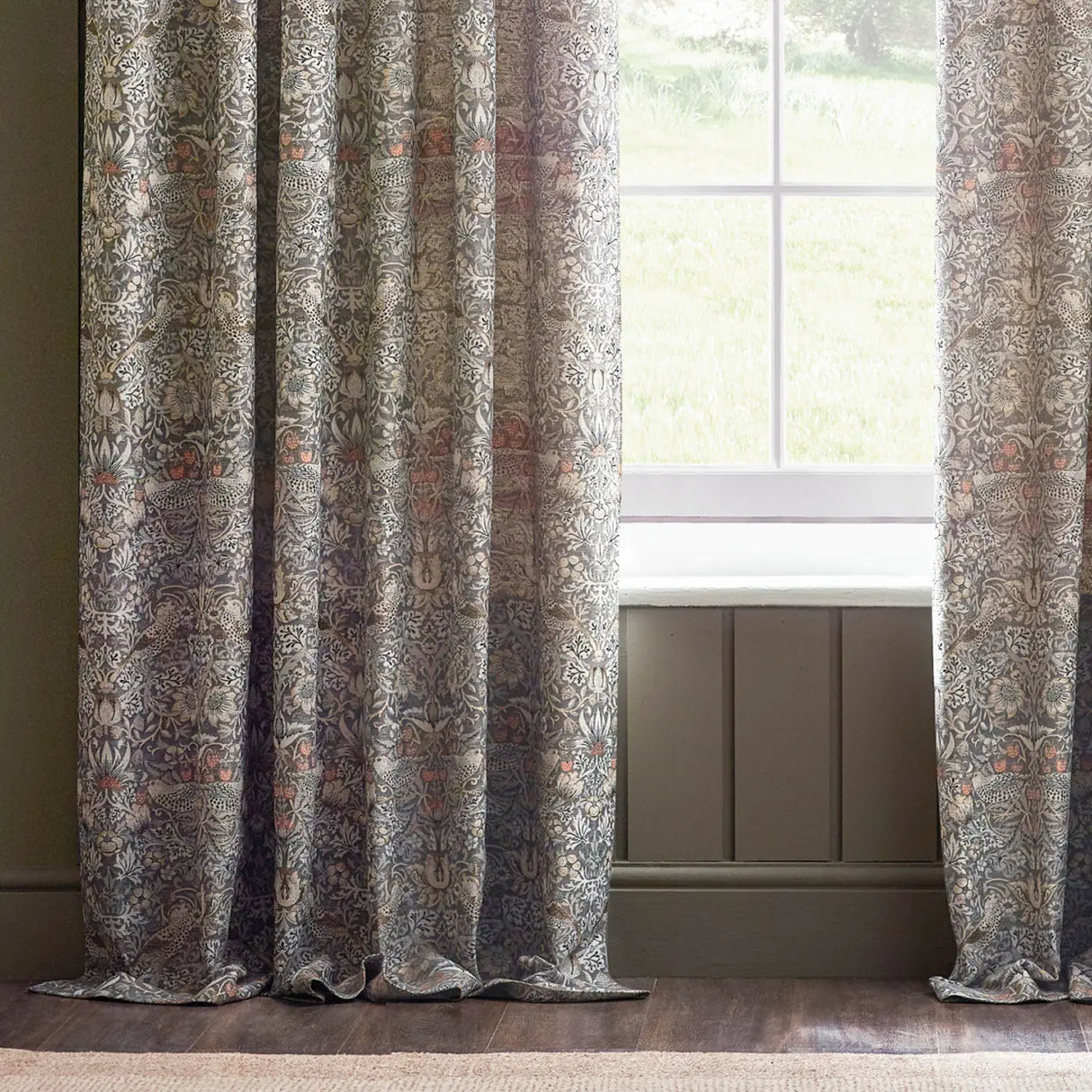 Strawberry Thief Jacquard Tape Top Pencil Pleat Curtains - Biscuit