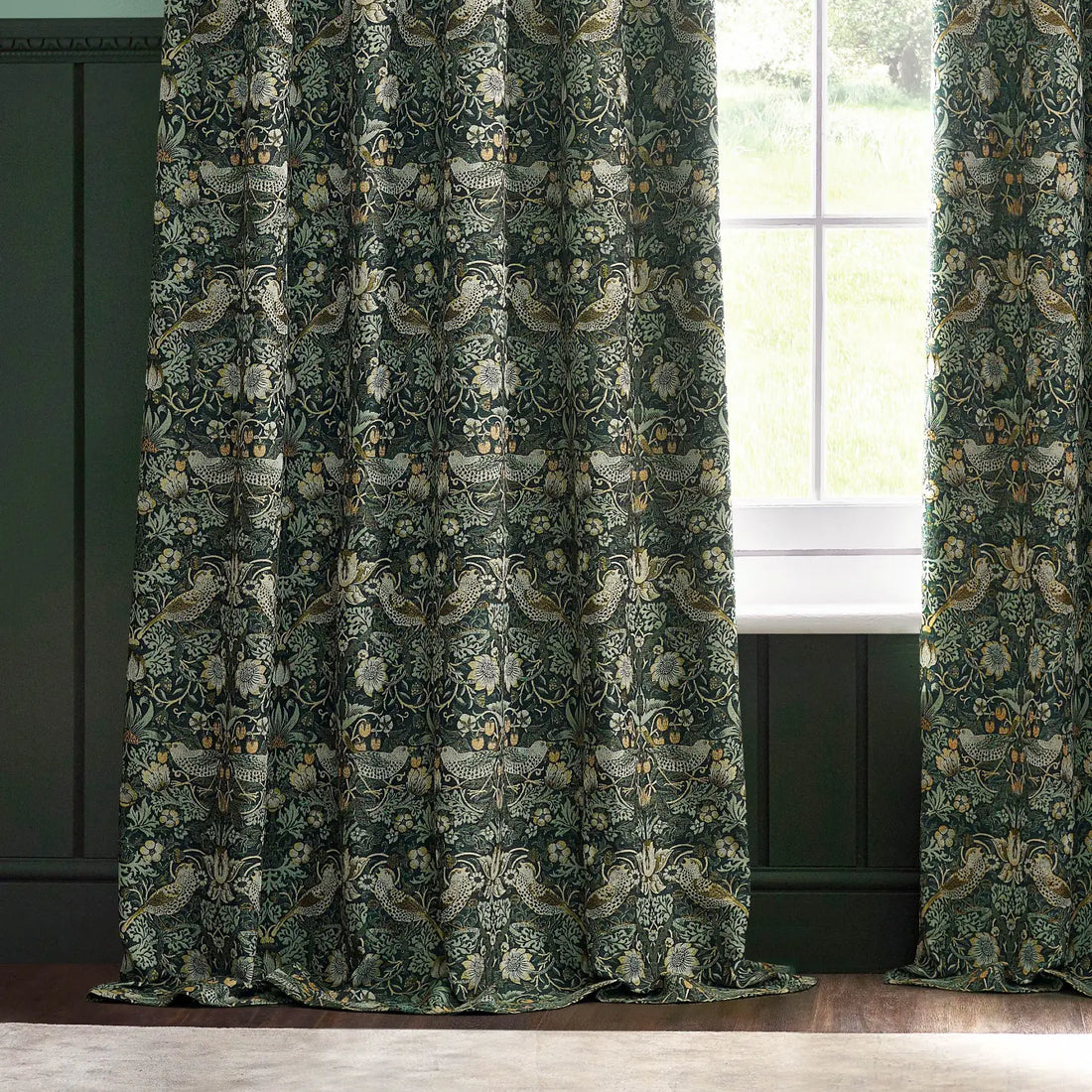 Strawberry Thief Jacquard Forest Green Thermal Dimout Pencil Pleat Curtains