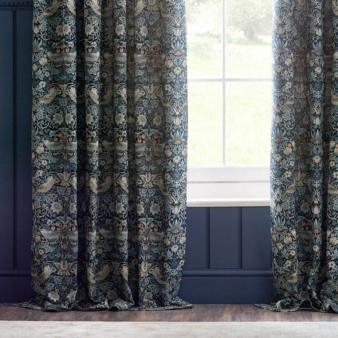 Strawberry Thief Jacquard Indigo Thermal Dimout Pencil Pleat Curtains