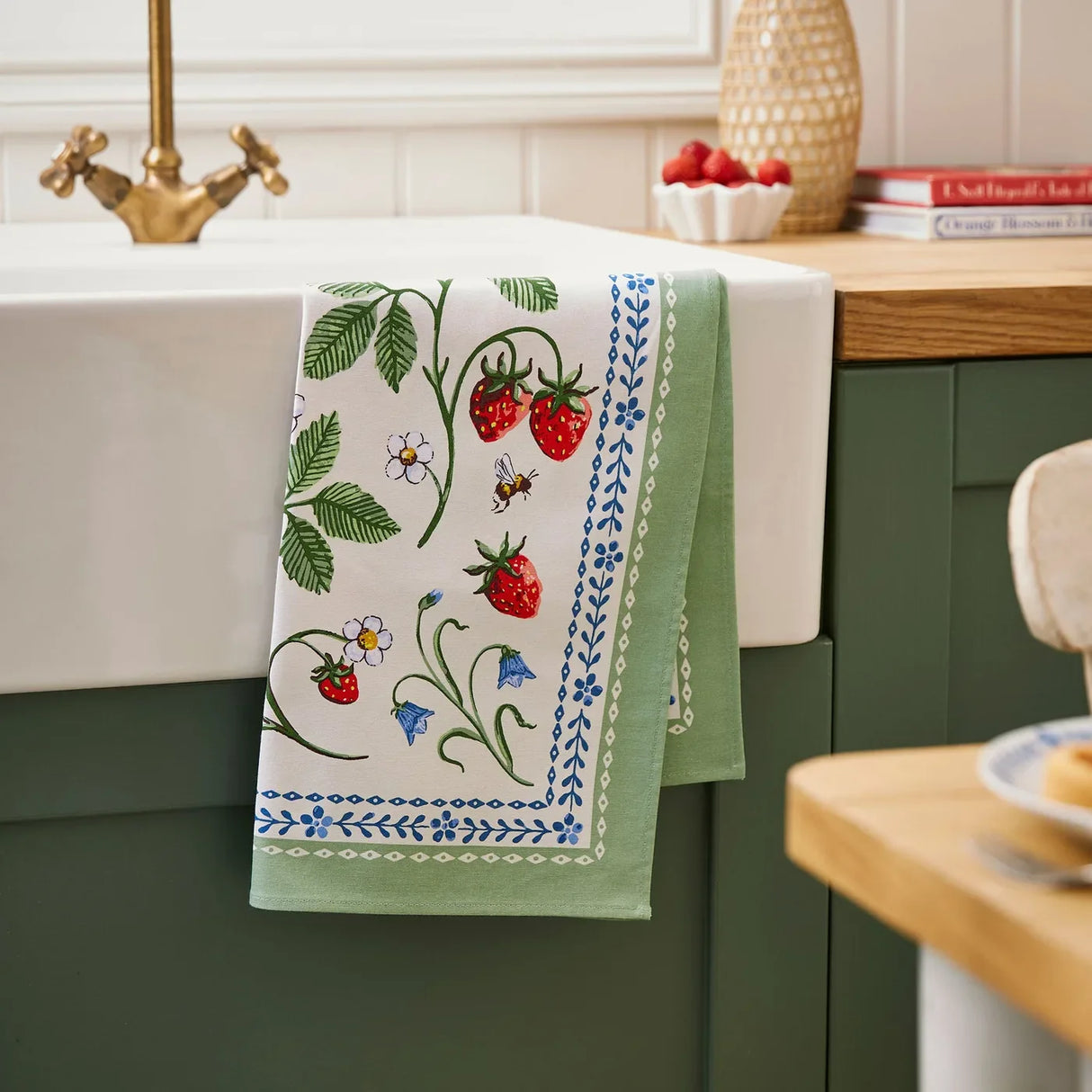 Strawberry Patch Cotton Tea Towel in Green