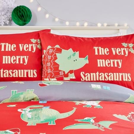 Santasaurus Kids Christmas Polycotton Duvet Cover Set - Santasaurus Christmas Duvet Cover Set In Red 2