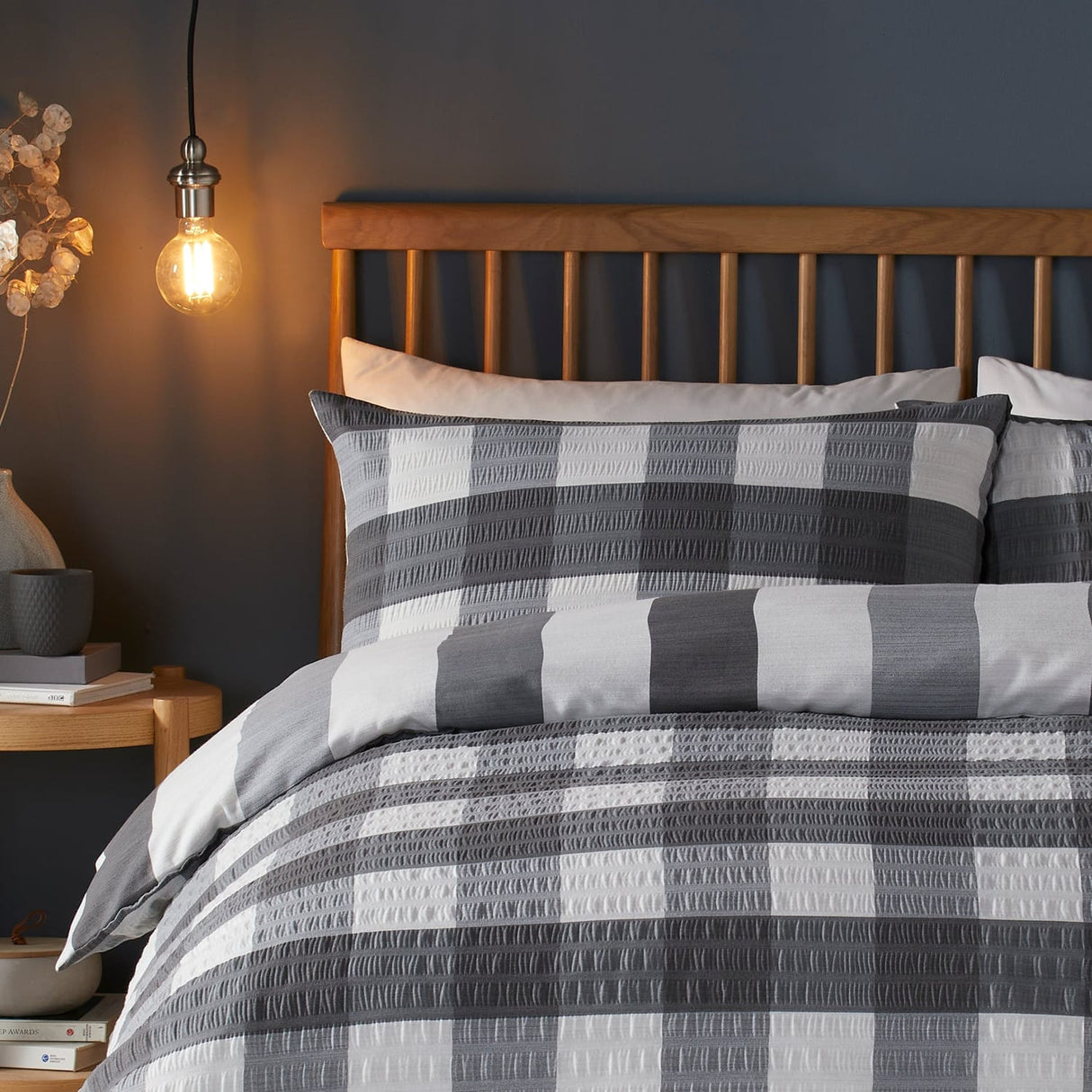 Seersucker Gingham Easy Care Polycotton Duvet Cover Set - Seersucker Gingham Check Duvet Cover Set In Charcoal 2