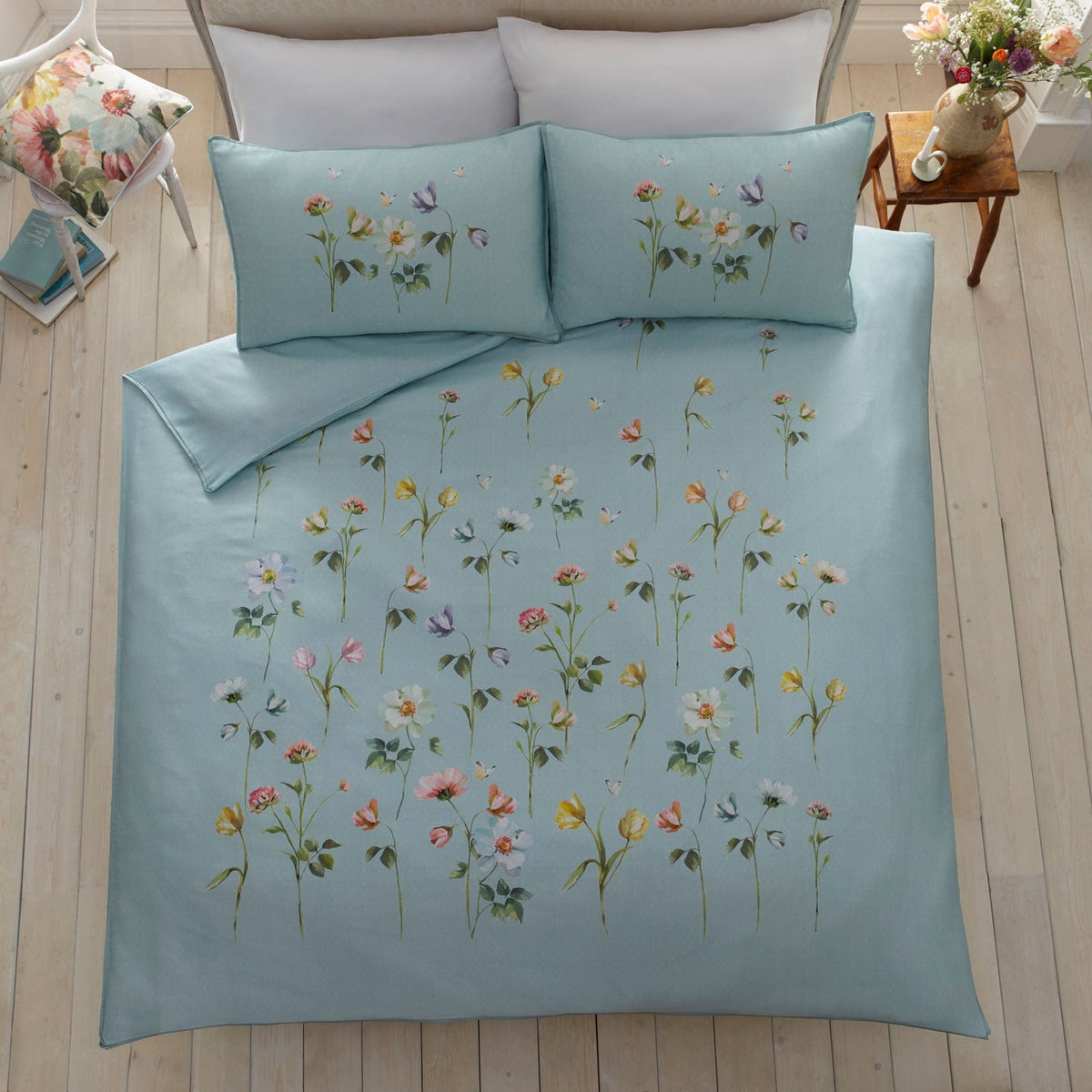 Serenity Floral Duck Egg Cotton Sateen Duvet Cover Set - Serenity Duvet Cover Set In Duck Egg 4