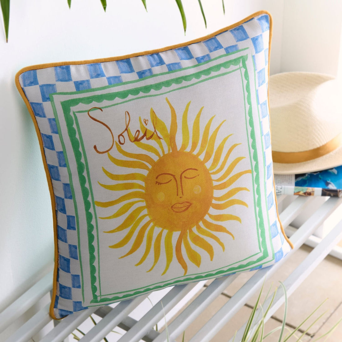 Soleil Sun Illustrated Print Outdoor 100% Cotton Filled Cushion / Cushion Cover