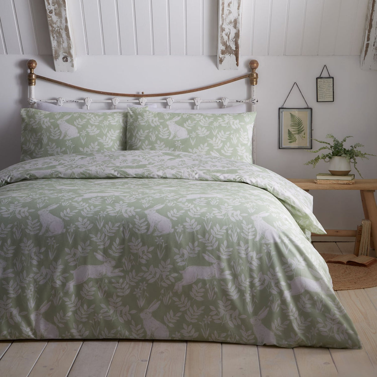 Spring Rabbits Floral Green Polycotton Duvet Cover Set
