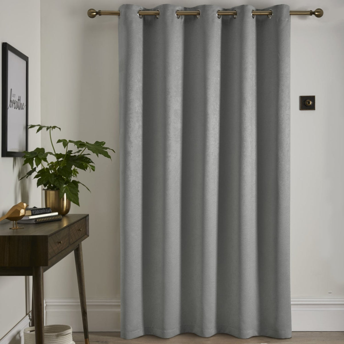 Strata Woven Thermal Door Curtain 66 x 84 Inch - Silver Dimout Light Filtering - Strata Eyelet Single Panel Door Curtain In Silver 3