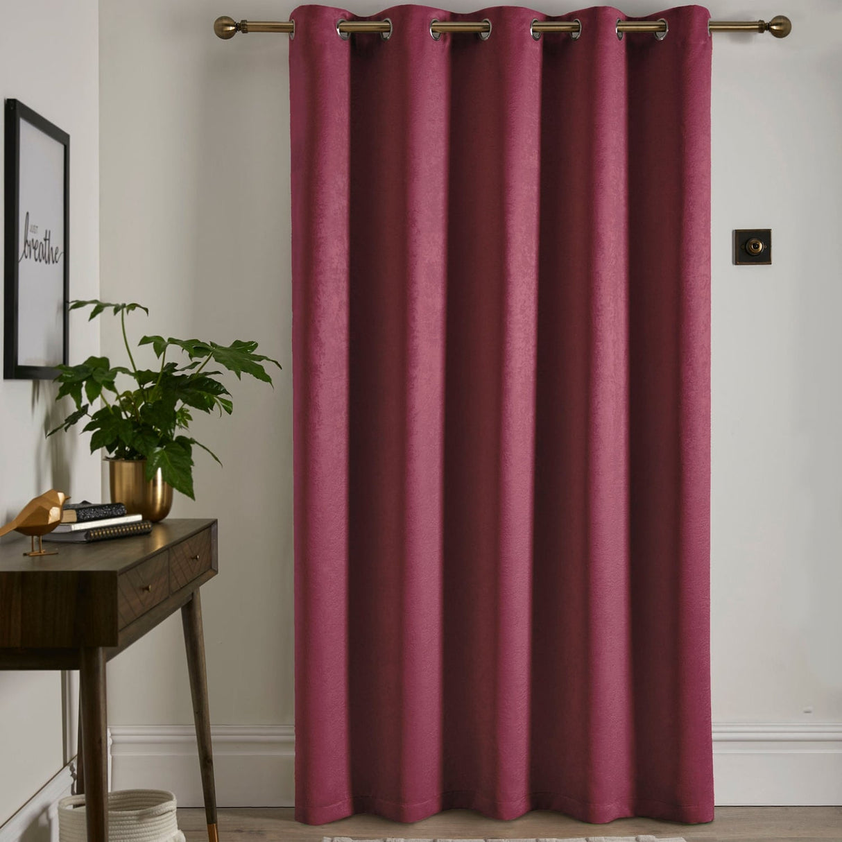 Strata Woven Thermal Door Curtain 66 x 84 Inch - Wine Dimout Light Filtering - Strata Eyelet Single Panel Door Curtain In Wine 2