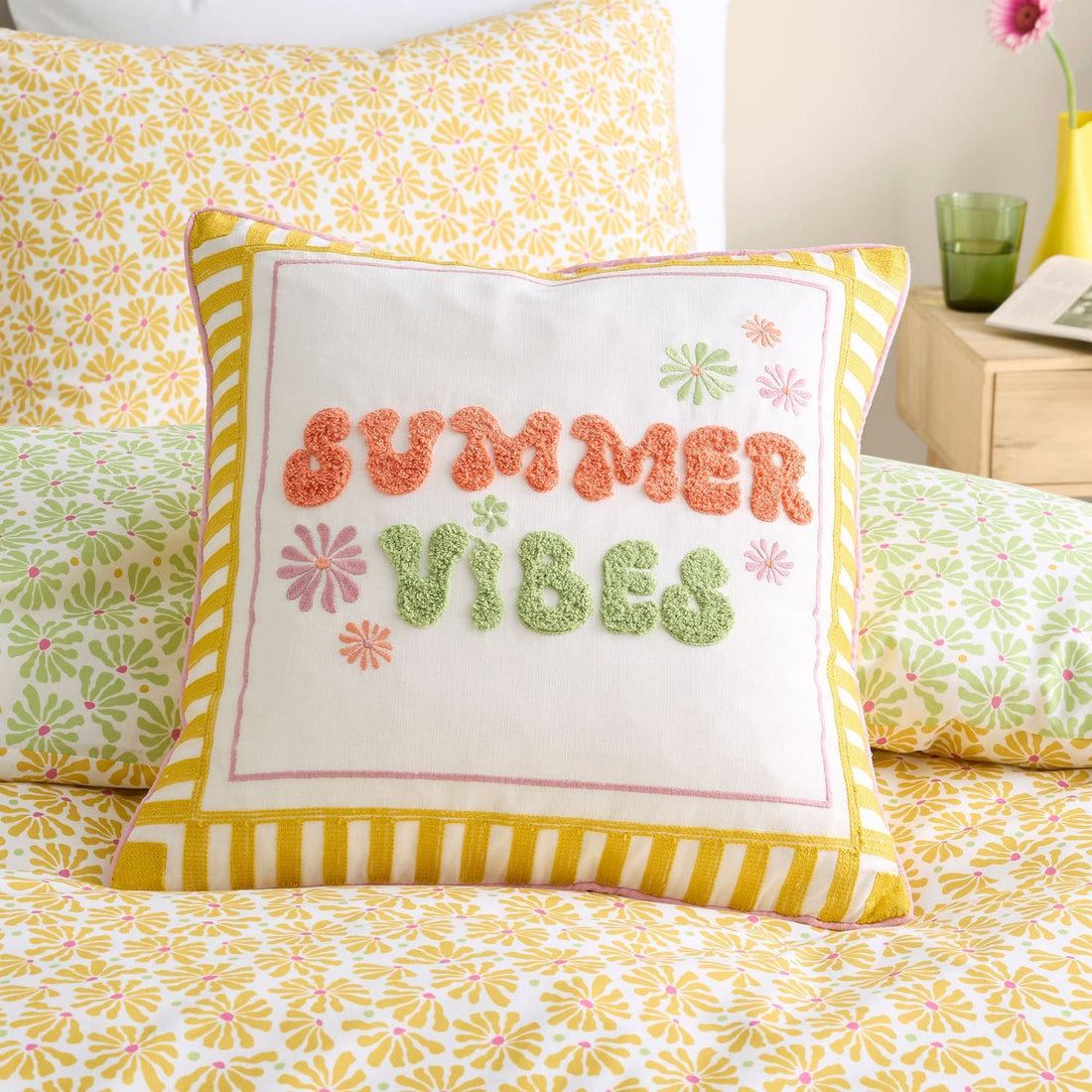 Summer Vibes Embroidered 100% Cotton Filled Cushion