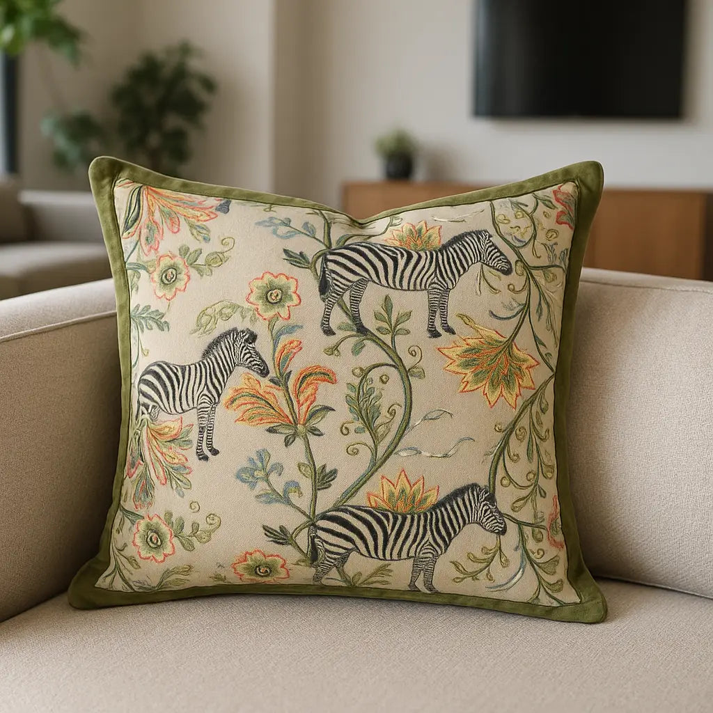 Sundara Velvet Ecru / Green Cushion Cover or Filled Cushion 50cm x 50cm