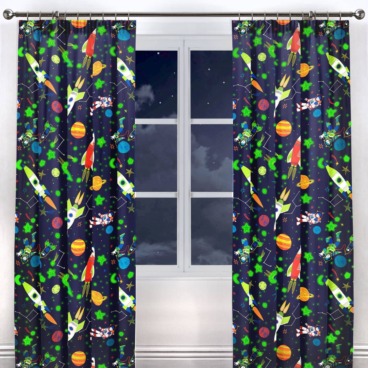 Supersonic Kids Tape Top Curtains Light Filtering Polycotton - Supersonic Pencil Pleat Curtains In Blue 3