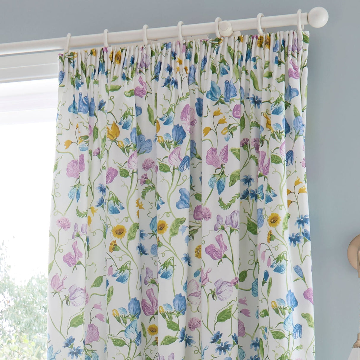 Sweetpea Floral Lilac 100% Cotton Pencil Pleat Curtains 66" x 72" Light Filtering - Sweetpea Floral Pair Of Pencil Pleat Curtains In Lilac 3