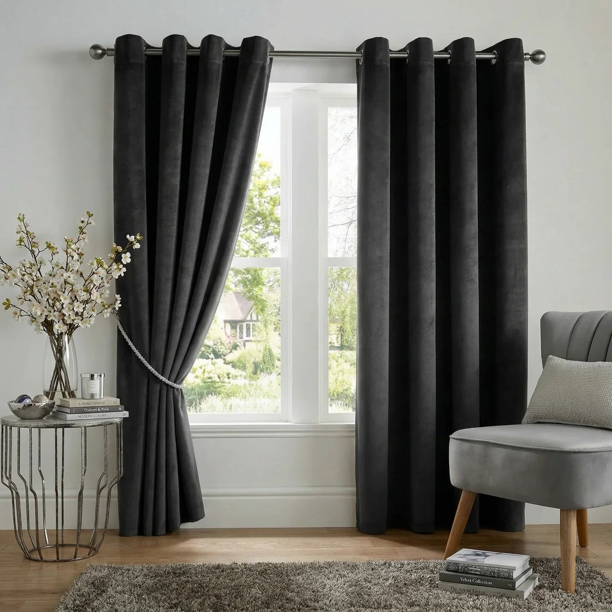 Alan Symonds Velvet Blackout Eyelet Ring Top Curtains in Black