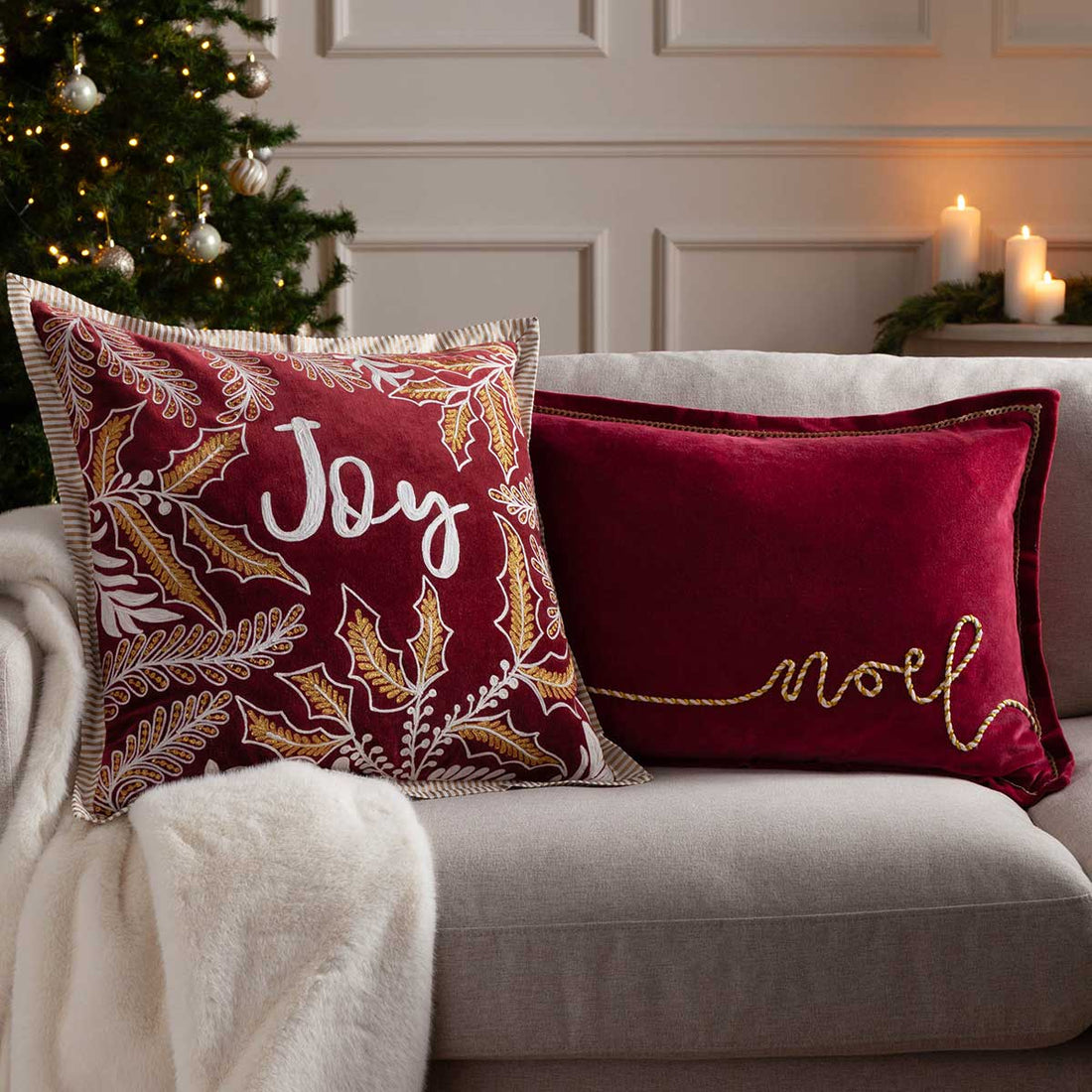 Winter Noel 100% Cotton Velvet Red Cushion Cover or Filled Cushion 40cm x 60cm