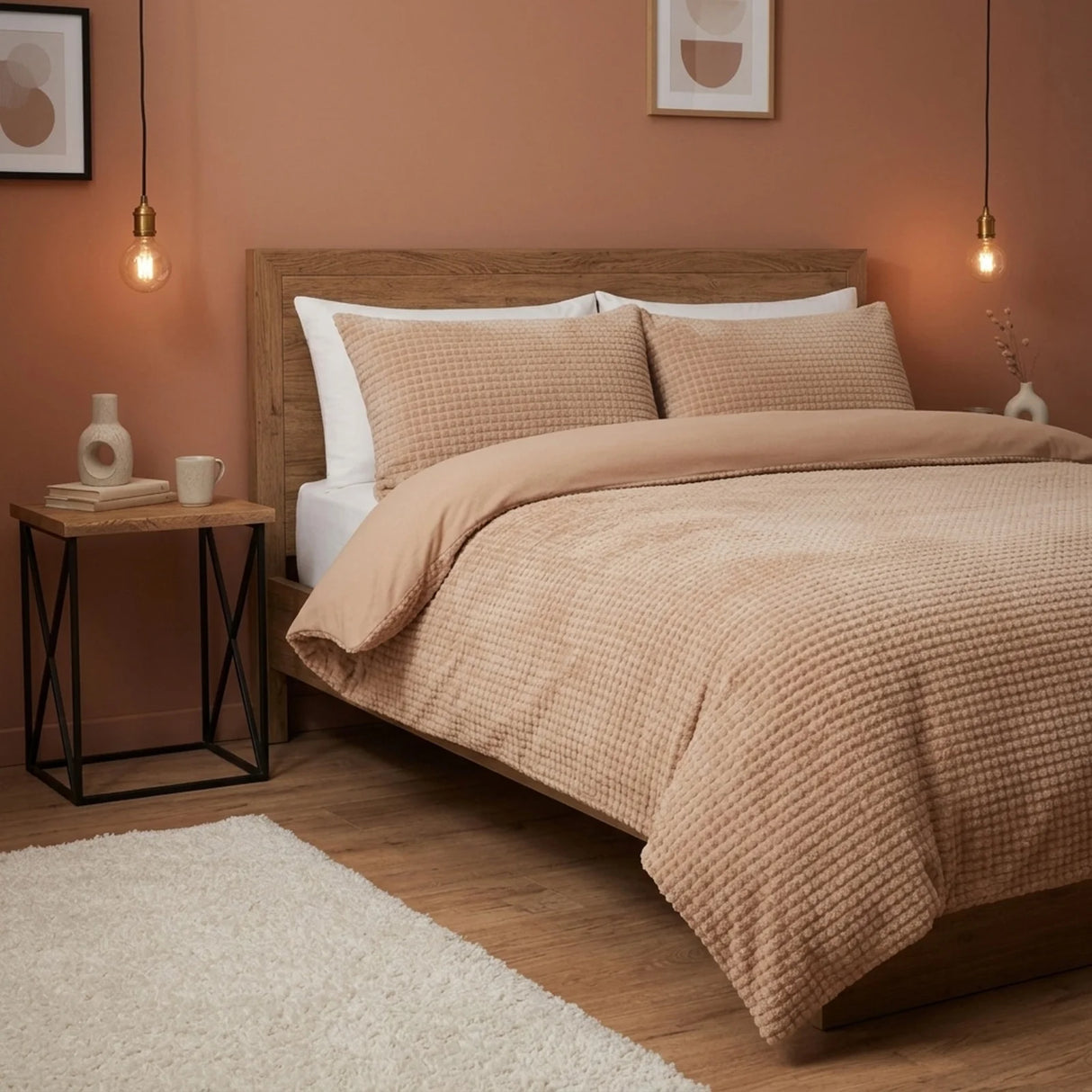 Waffle Teddy Latte Fleece Duvet Cover Bedding Set-1