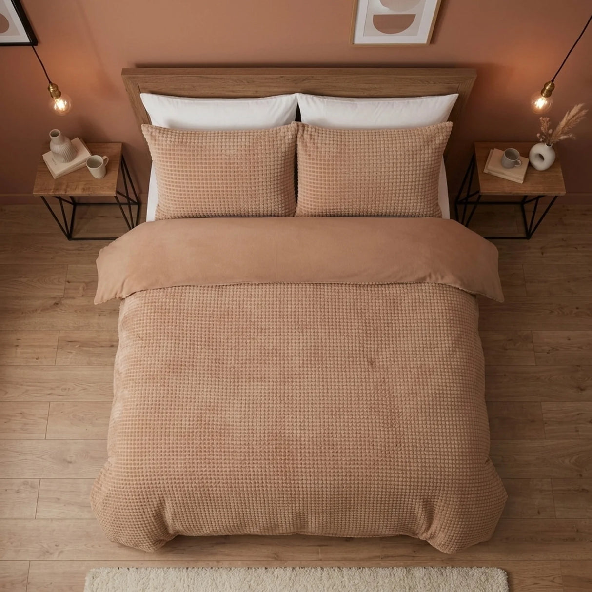Waffle Teddy Latte Fleece Duvet Cover Bedding Set-4