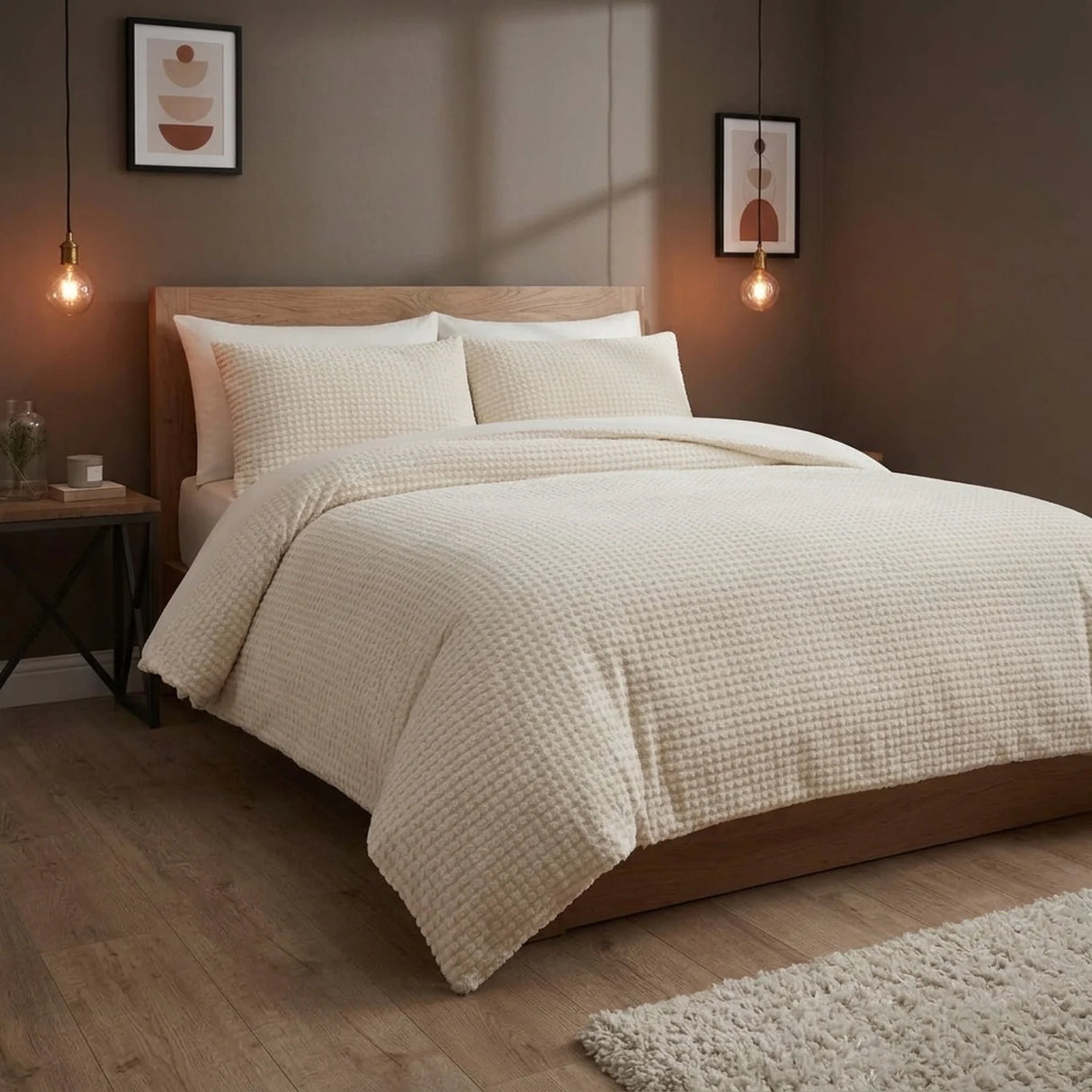 Waffle Teddy Natural Fleece Duvet Cover Bedding Set-3