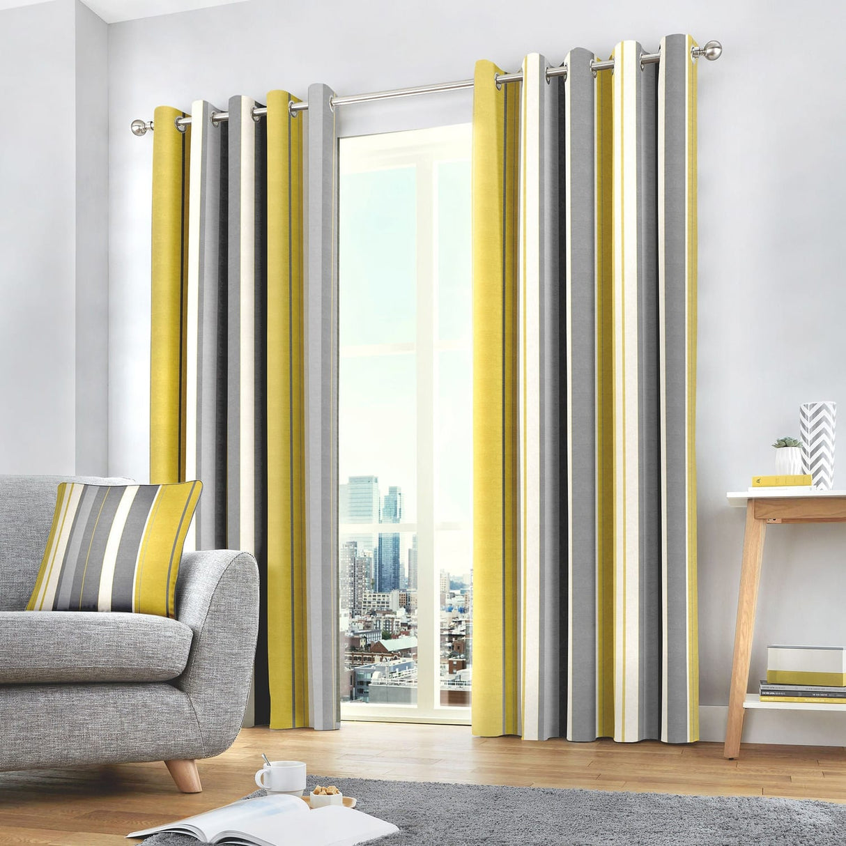 Whitworth Stripe Lined Eyelet Curtains - Ochre Light Filtering