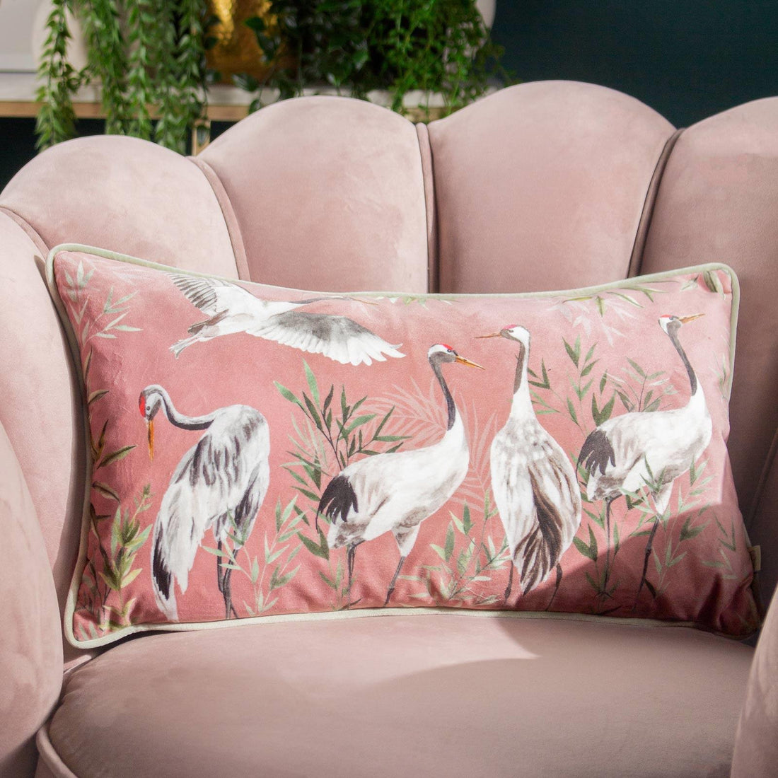 Orient Cranes Blush Velvet Cushion Cover 30cm x 50cm