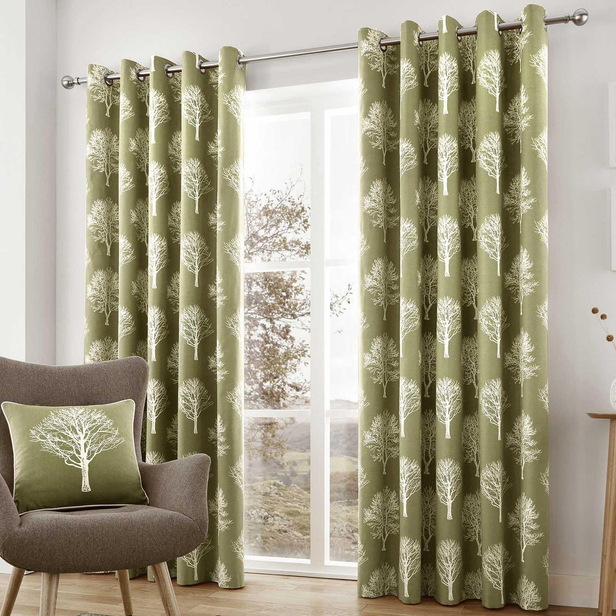 Woodland Trees Ready Made Eyelet Curtains - Green