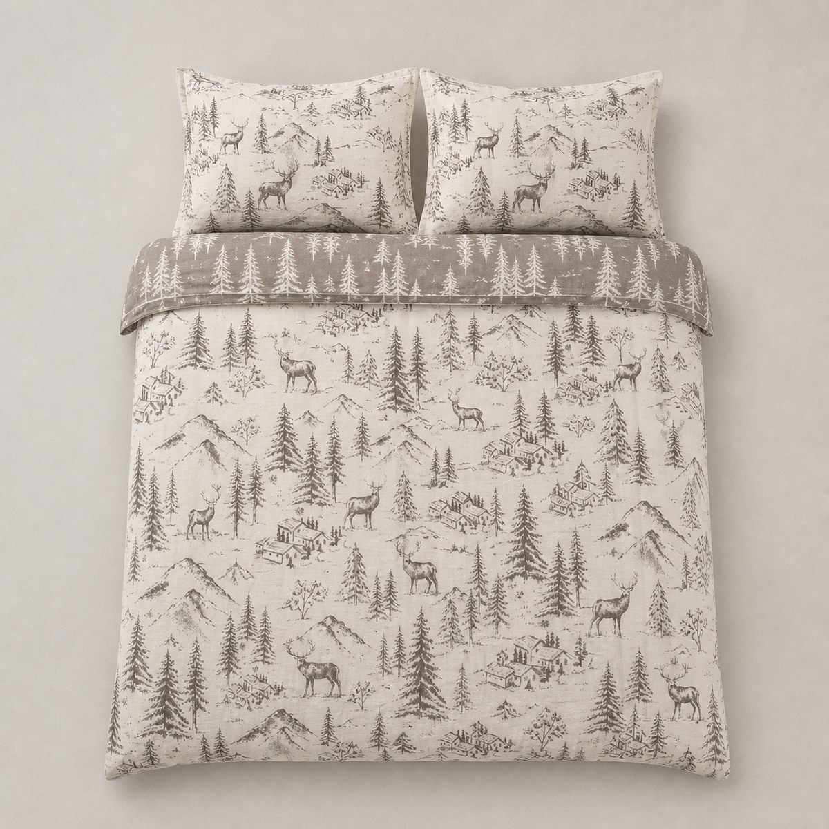 Overhead flat lay of the Alpine Stag Flannelette Duvet Cover Set in natural with two matching pillowcases