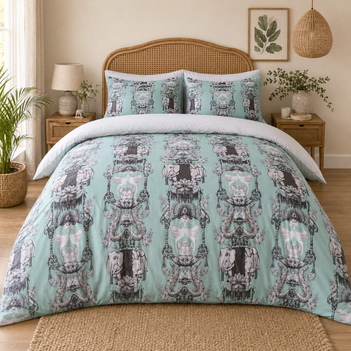 Animalia duck egg cotton sateen elephant duvet cover set styled on a warm natural bedroom bed