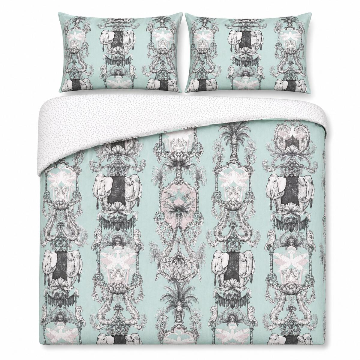 Overhead flat lay of the Animalia duck egg elephant duvet cover set with two pillows