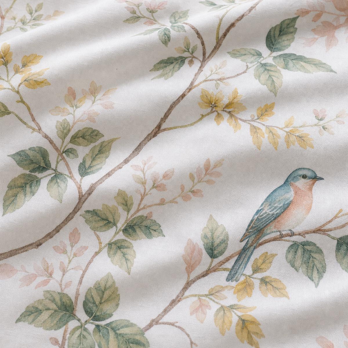 Macro close-up of Arianna Natural cotton duvet cover fabric with bird and trailing floral detail