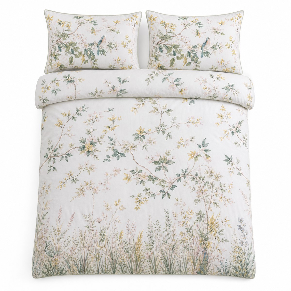 Overhead flat lay of the Arianna Natural cotton duvet cover set with two matching pillowcases