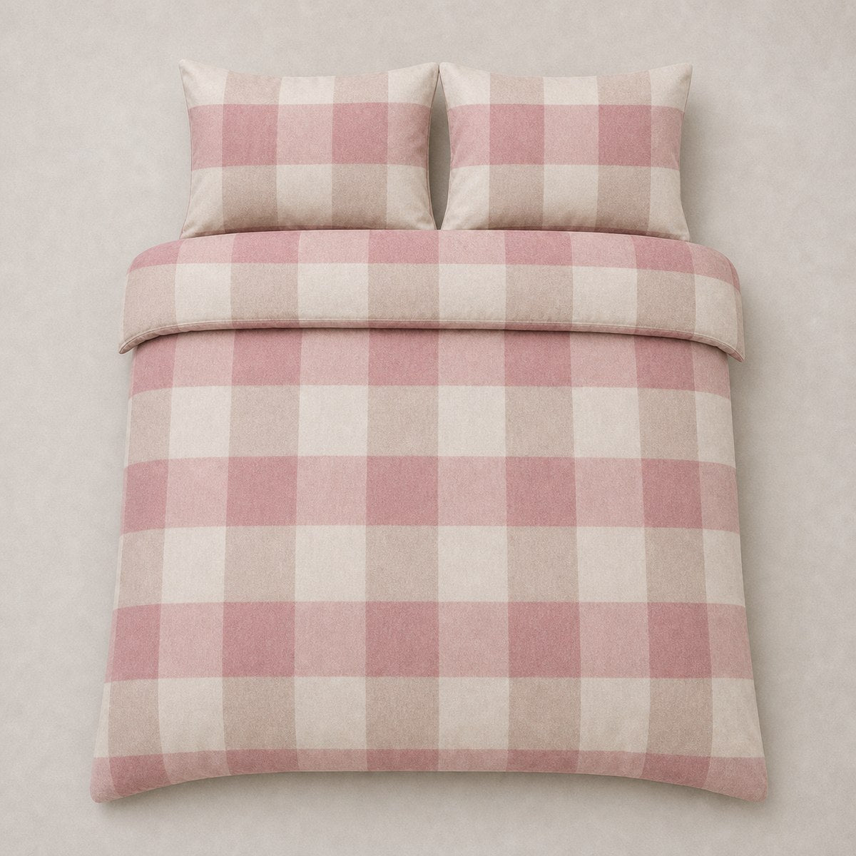 Overhead flat lay of the Ashford Check Cosy Flannelette Duvet Cover Set in natural with two matching pillowcases