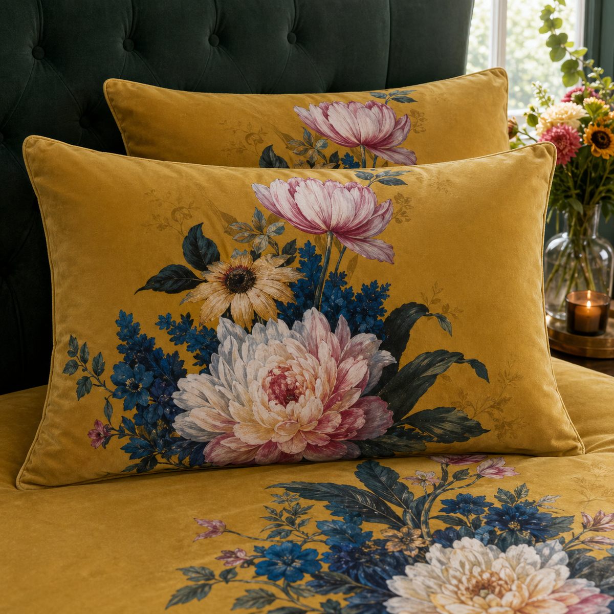 Close-up of Ashington velvet pillowcases with mustard base and painterly floral bouquet