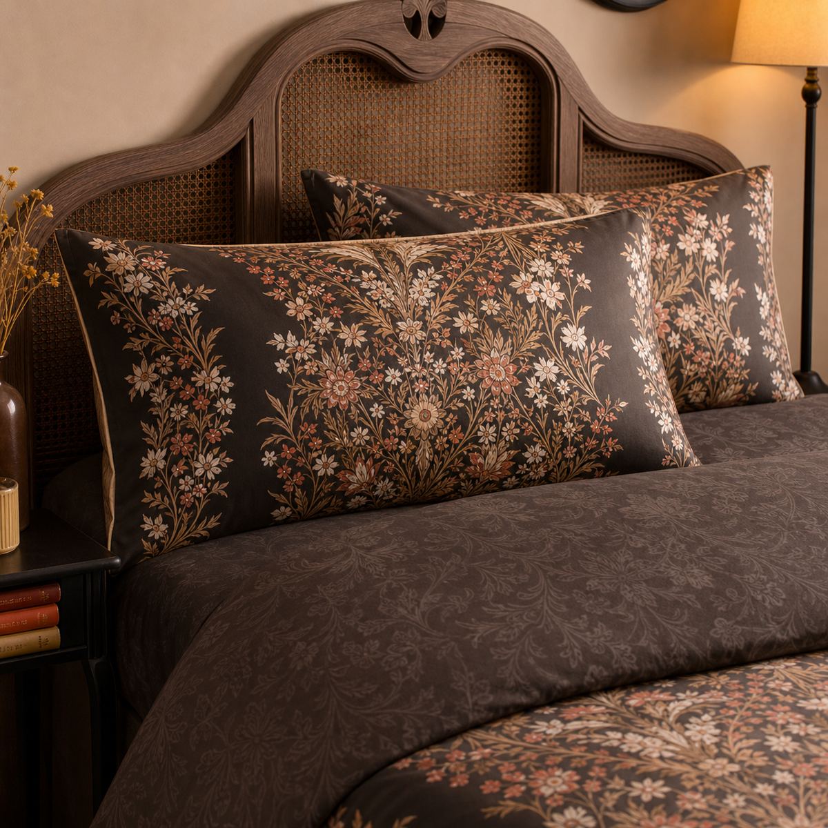 Close-up of Audrey 100% Cotton Duvet Cover Set in spice pillowcases showing the print and fabric detail