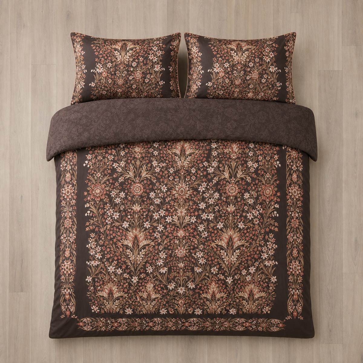 Overhead flat lay of the Audrey 100% Cotton Duvet Cover Set in spice with two matching pillowcases