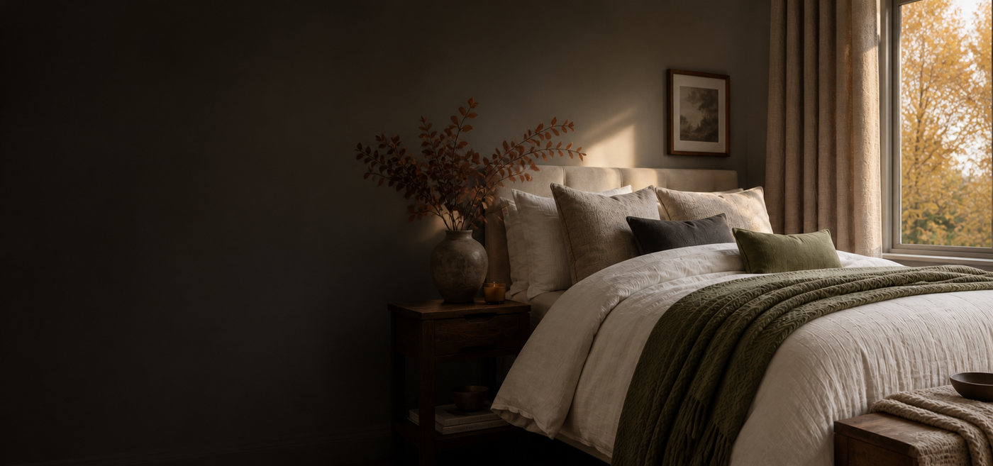 Warm autumn bedroom with layered ivory bedding and an olive throw