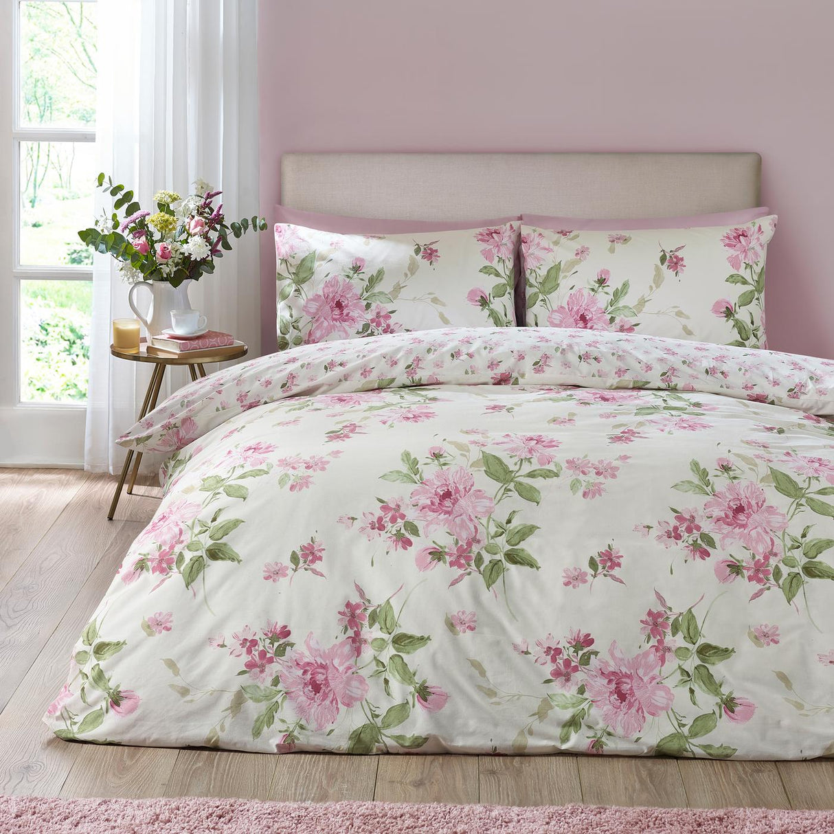 Catherine Lansfield Avebury Floral Reversible Duvet Cover Set with Pillowcase Cream
