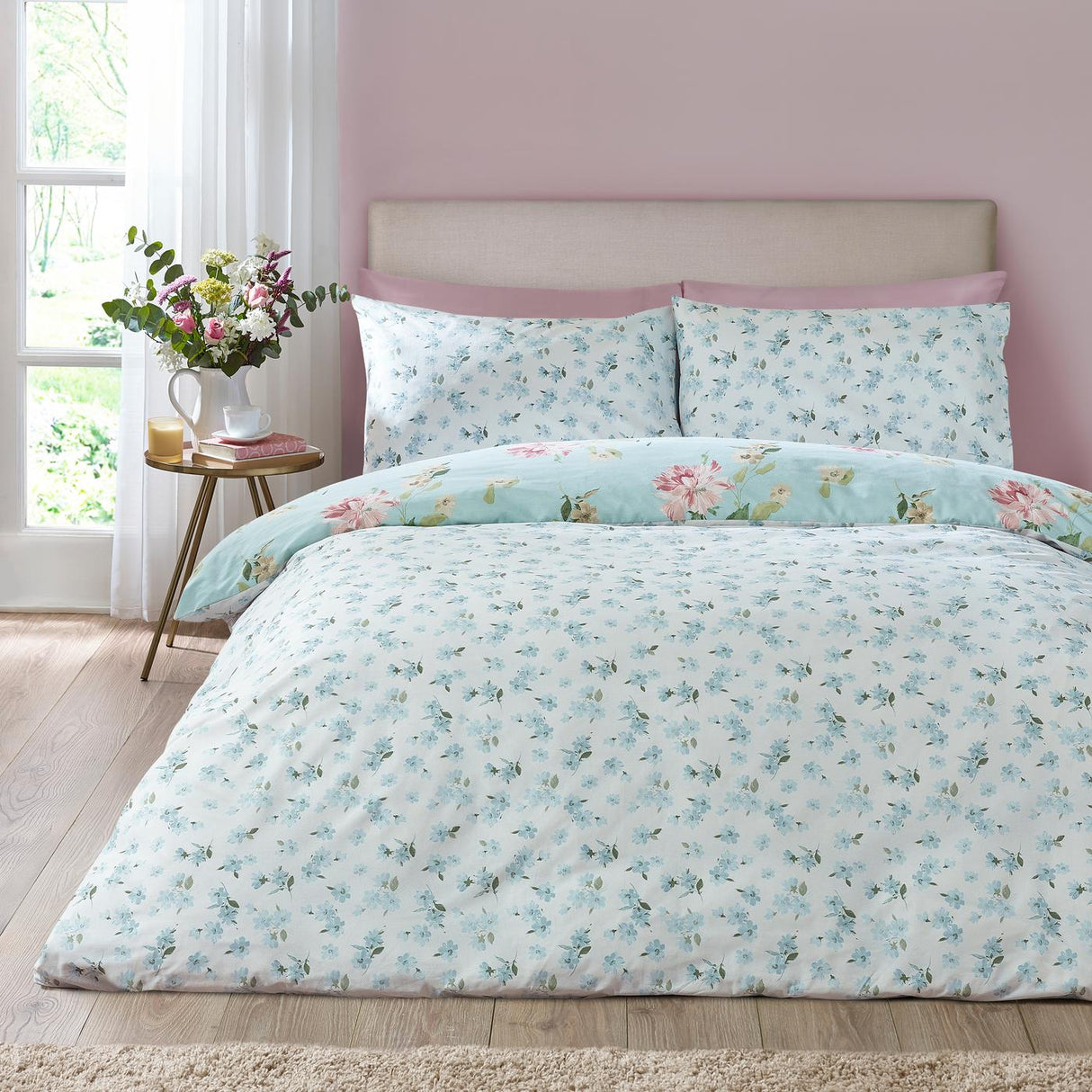 Catherine Lansfield Avebury Floral Reversible Duvet Cover Set with Pillowcase Duck Egg Blue