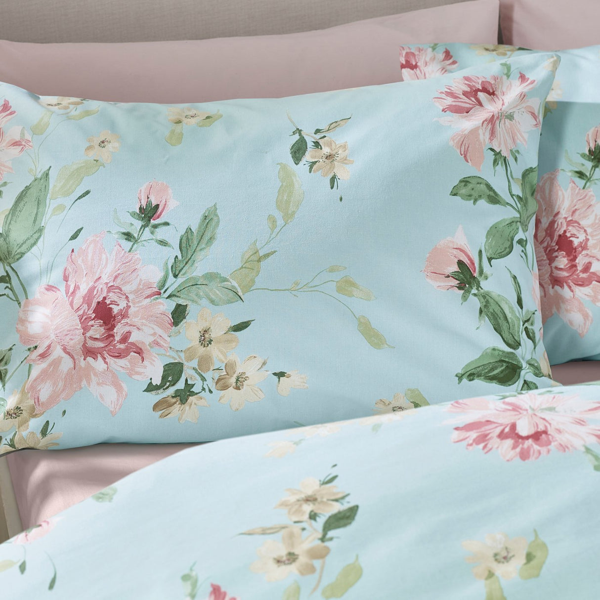 Catherine Lansfield Avebury Floral Reversible Duvet Cover Set with Pillowcase Duck Egg Blue