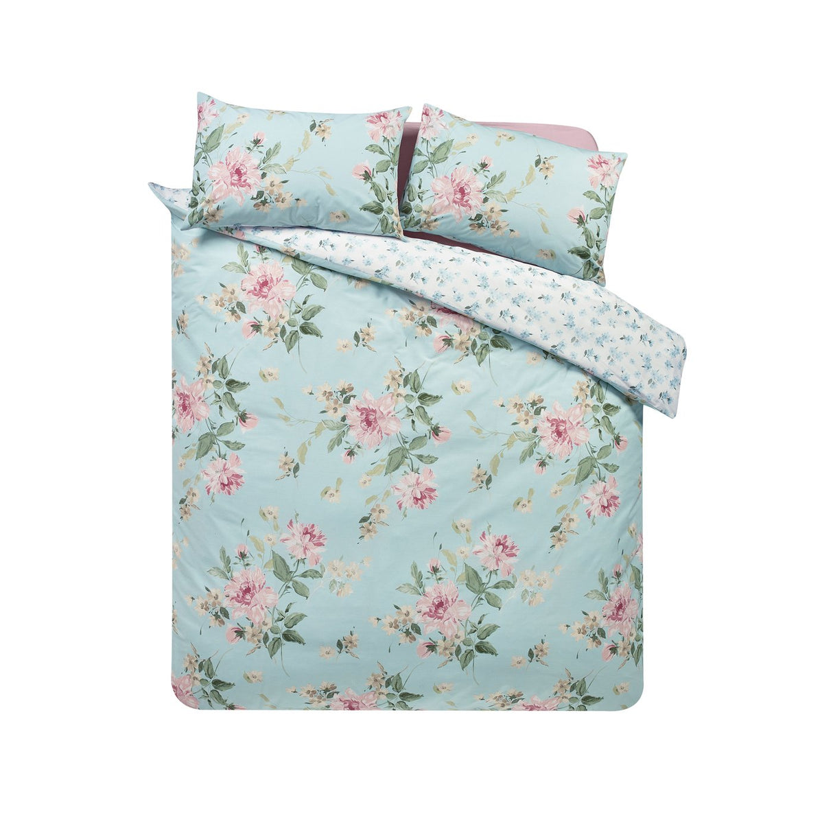 Catherine Lansfield Avebury Floral Reversible Duvet Cover Set with Pillowcase Duck Egg Blue