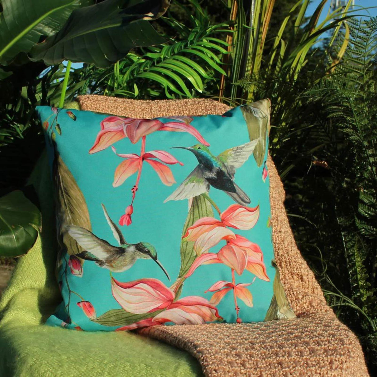 Hummingbird Blue Outdoor Cushion Cover 17" x 17" by Evans Lichfield