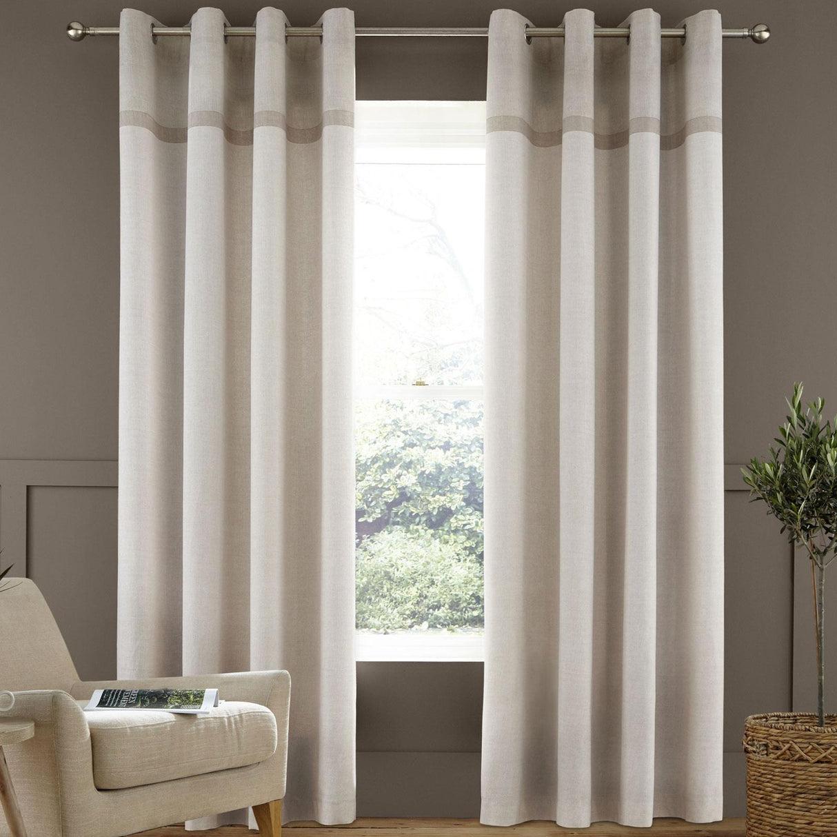 Catherine Lansfield Melville Woven Texture Eyelet Curtains - Natural