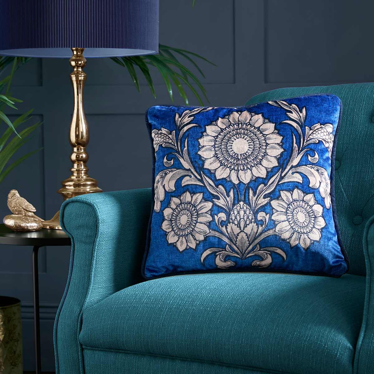 Laurence Llewelyn-Bowen Romilly Blue Velvet Floral Filled Cushion