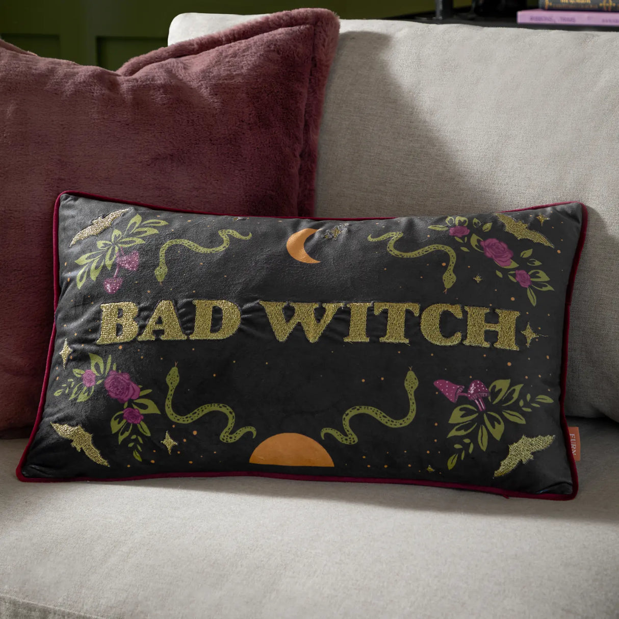 Bad Witch Embroidered Velvet Cushion Cover Black Magic 30 x 50cm - image 1