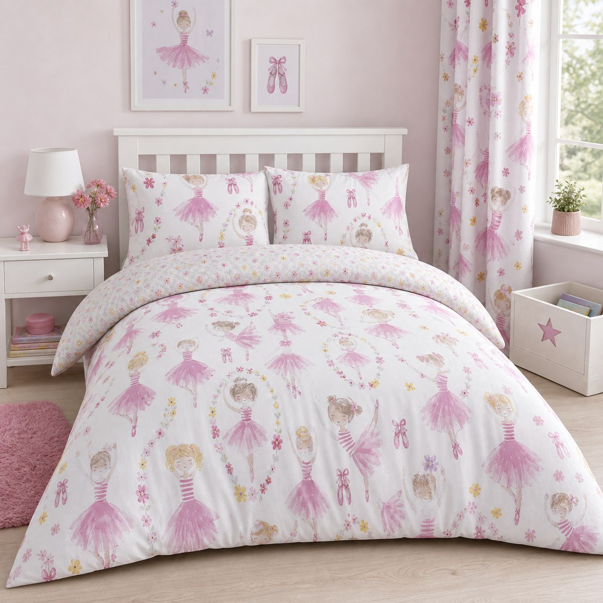 Ballet Dancer Kids Duvet Cover Set Pink Single & Toddler Bedding styled on a bed in a coordinated bedroom lifestyle scene