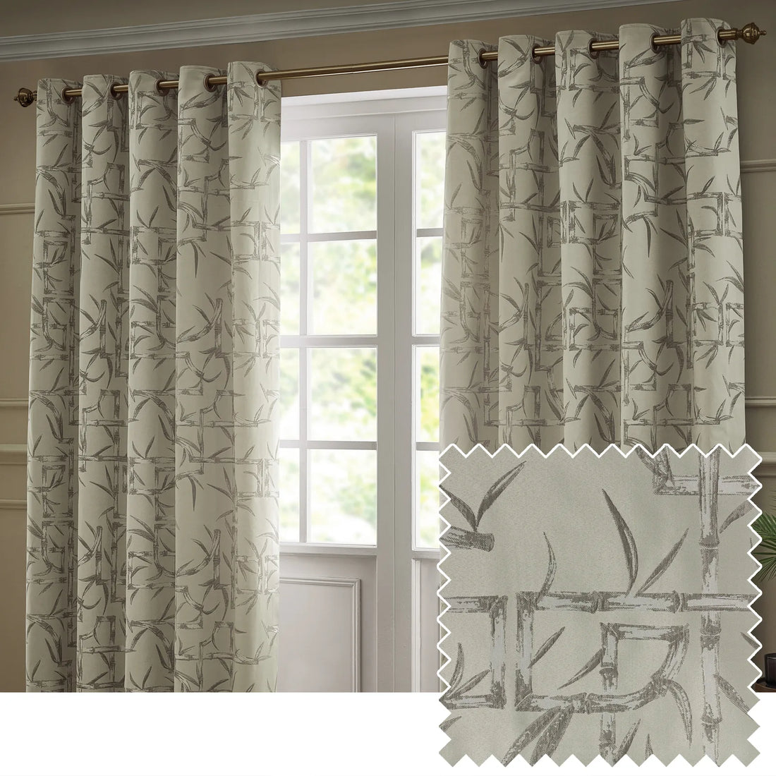 Bamboo Fully Lined Jacquard Eyelet Curtains Champagne